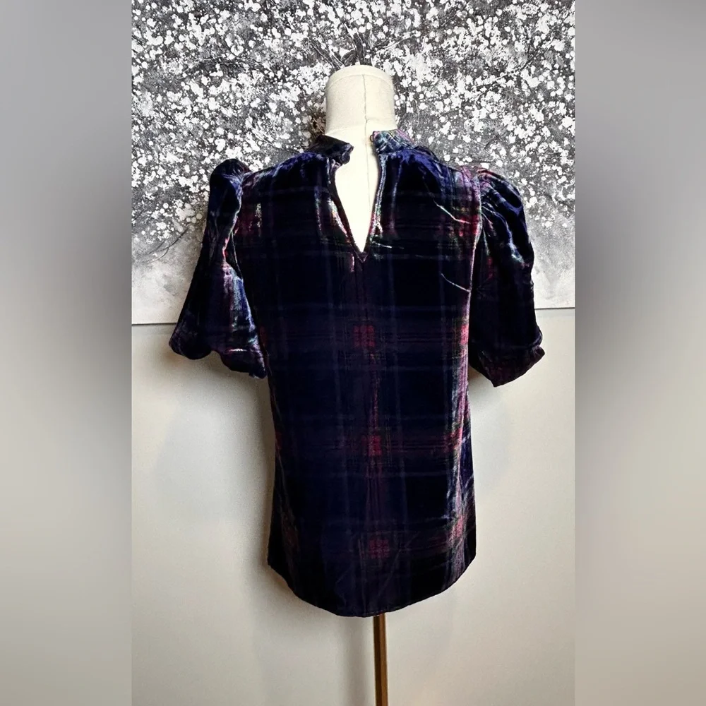 Boden Velvet Plaid Puff Sleeve Top - Navy, Red & Green size US 4 UK 8